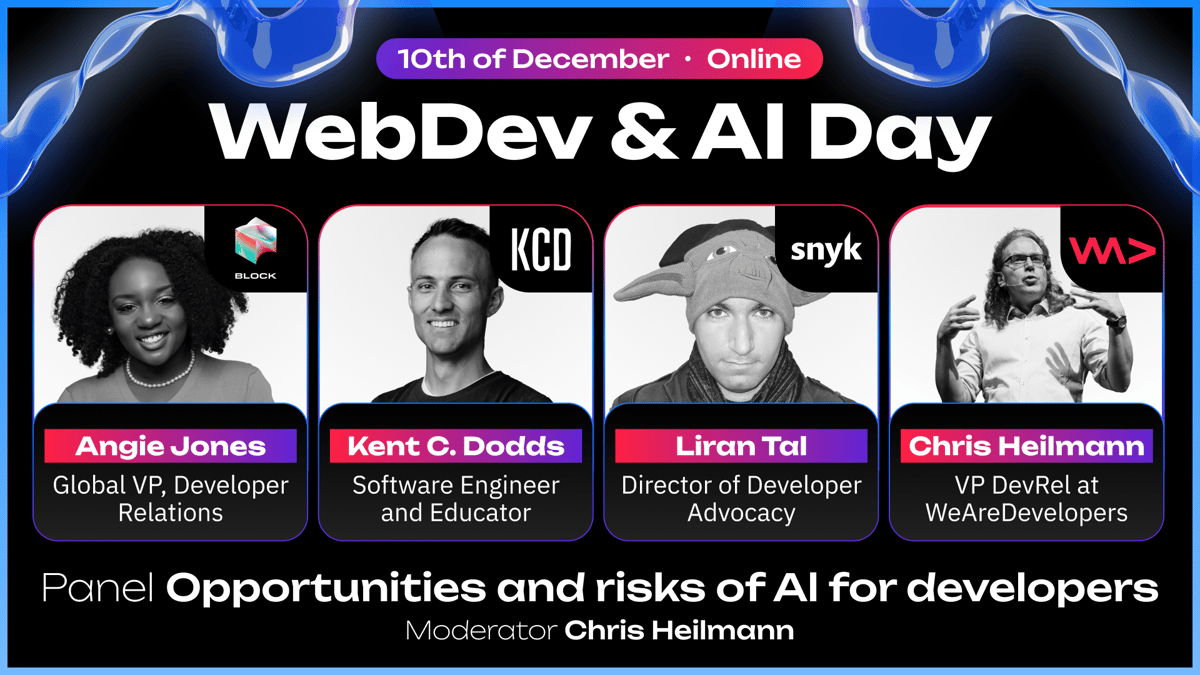 Opportunities and risks of AI for developers panel discussion with Angie Jones, Kent C Dodds, Liran Tal and Chris Heilmann