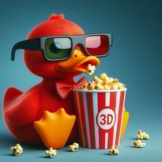 A red rubber ducky wearing 3D glasses and eating from a popcorn bucket