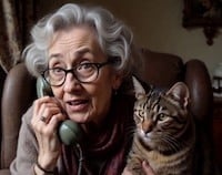 Picture of an AI generated older woman on a phone with a cat.