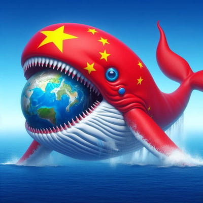 A whale with a chinese flag as its skin eating the world